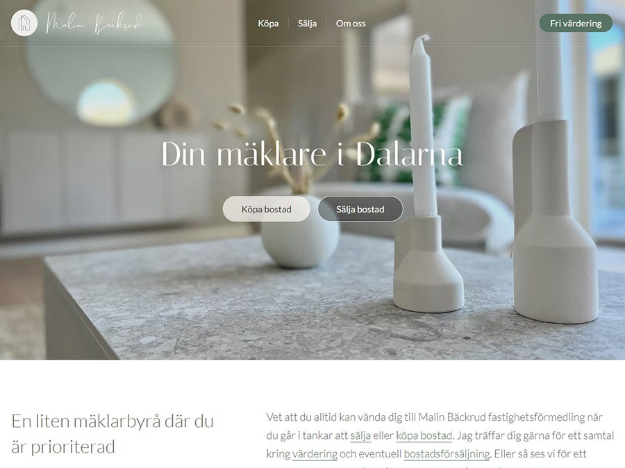 Webbplats och integrationer för Malin Bäckrud Fastighetsförmedling